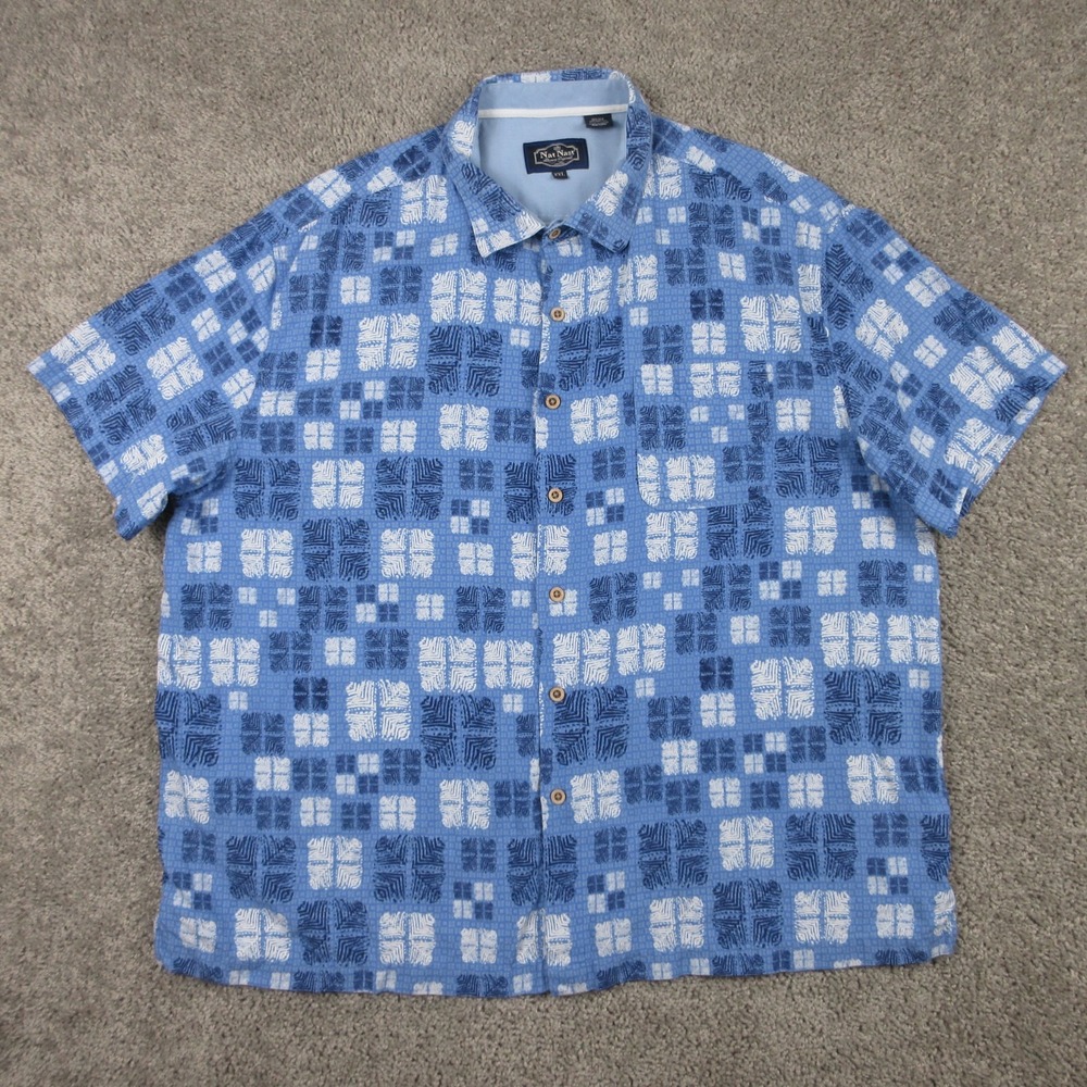 Nat Nast Shirt Mens 2XL Blue Geometric Silk Luxury Originals Casual Button Up